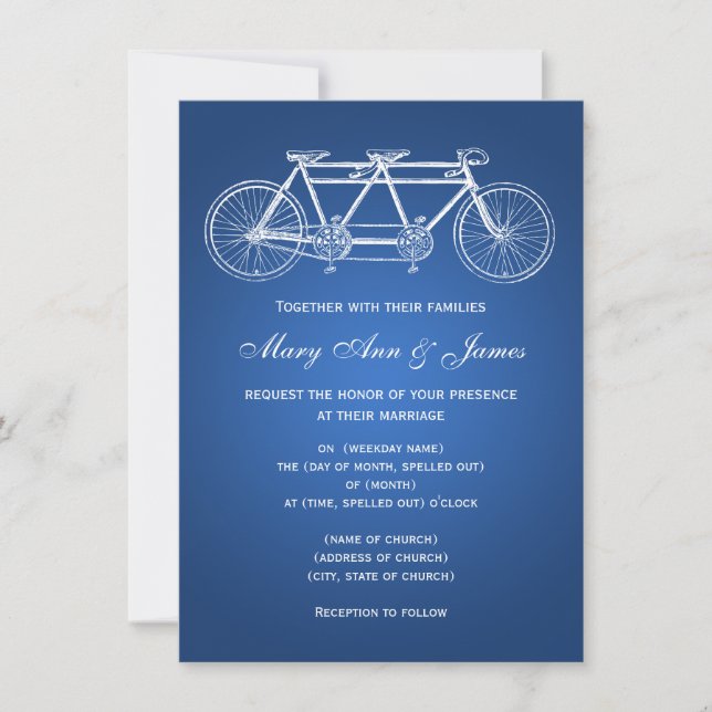 Invitation 4,5 x 6,25 Mariage simple Vélo Bleu Tandem (Devant)