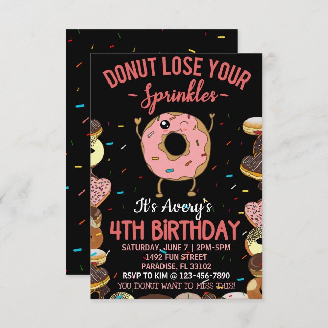 Invitation 4 Anniversaire Donut Perdre tes arroses Filles (Devant / Derrière)