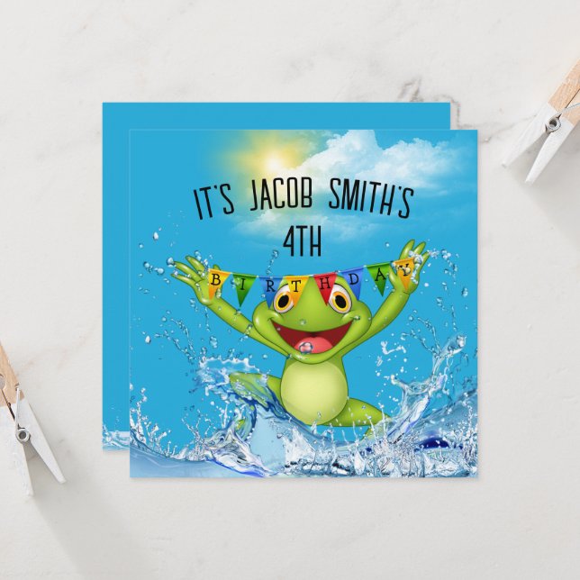 Invitation 4 Anniversaire Grenouille à sauter dans l'eau (Devant/Arrière en situation)