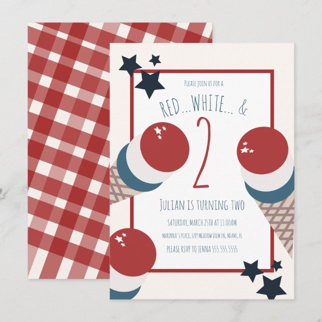 Invitation 4 juillet 2e anniversaire Crème glacée et étoiles (Devant / Derrière)