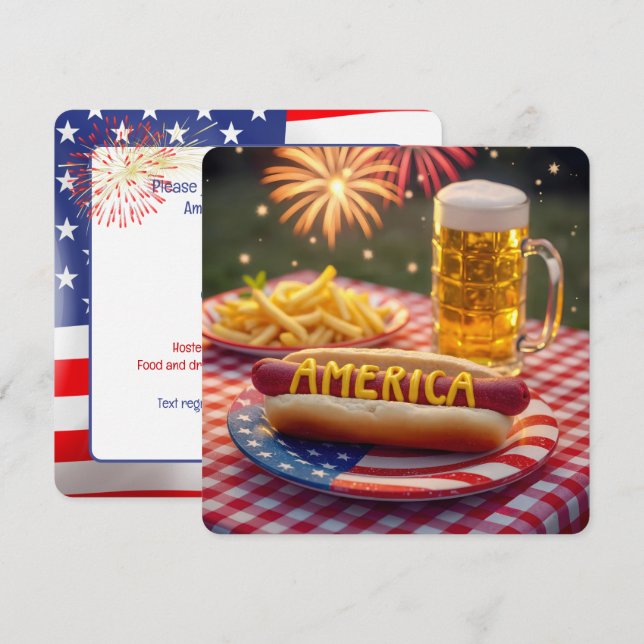 Invitation 4 juillet américain Hot Dog (Devant / Derrière)