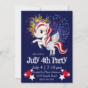 Invitation 4 juillet Américain Unicorne Pegasus Rainbow