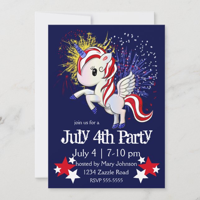 Invitation 4 juillet Américain Unicorne Pegasus Rainbow (Devant)