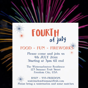 Invitation 4 juillet Amusement alimentaire Fun Feu d'artifice