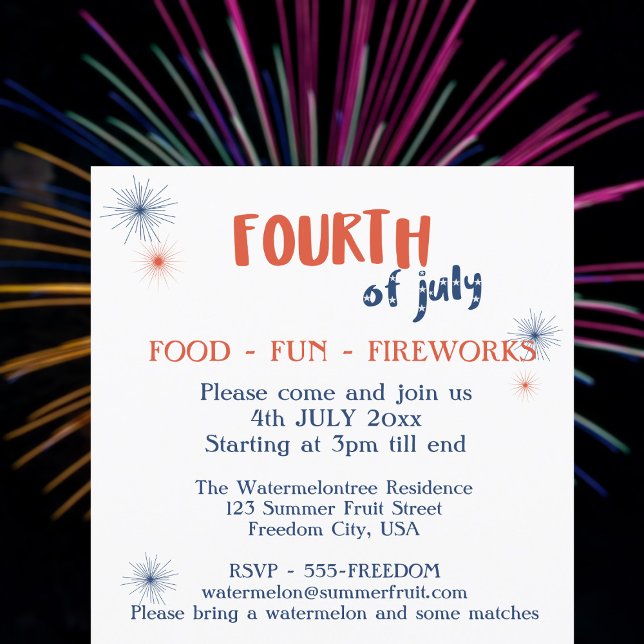 Invitation 4 juillet Amusement alimentaire Fun Feu d'artifice (Food, Fun, Fireworks! Perfect for a 4th of July Party)