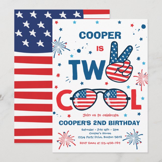 Invitation 4 juillet Anniversaire Deux Cool 2e fête d'anniver (Devant / Derrière)