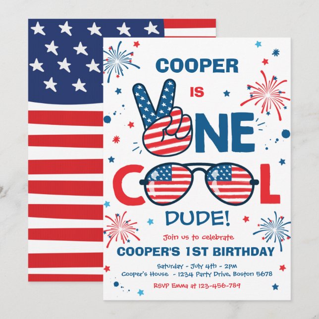 Invitation 4 juillet Anniversaire Un Cool Dude 1er Anniversai (Devant / Derrière)