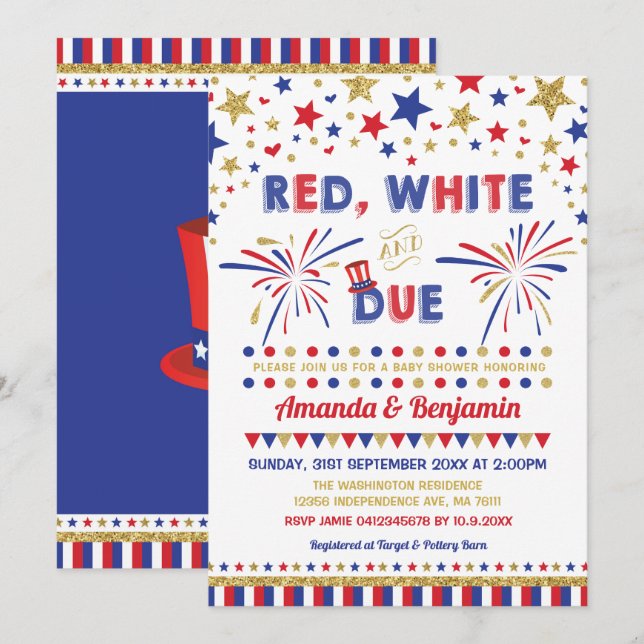 Invitation 4 juillet Baby shower rouge blanc et dû (Devant / Derrière)