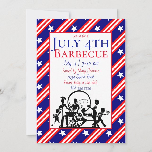 Invitation 4 juillet Barbecue Stars, Rouge, Blancs (Devant)