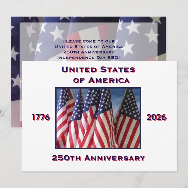 Invitation 4 juillet Barbeque, USA 250e anniversaire, drapeau (Devant / Derrière)