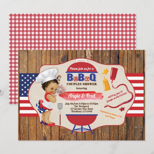 Invitation 4 juillet BBBQ petite fille douche rouge blanc ble (Devant / Derrière)