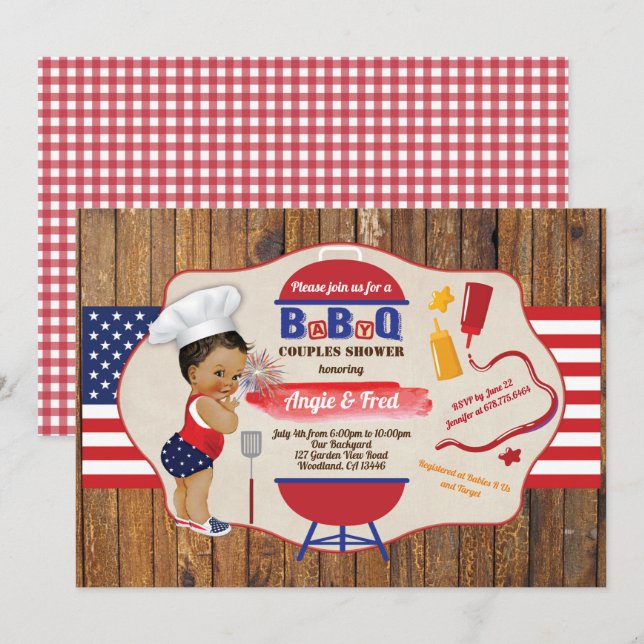 Invitation 4 juillet BBBQ petite fille douche rouge blanc ble (Devant / Derrière)