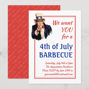 Invitation 4 JUILLET BBQ BARBECUE Oncle Sam Personnalisé ROUG