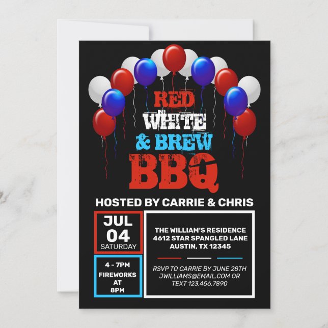 Invitation 4 juillet BBQ Rouge, Blanc & Brûler (Devant)