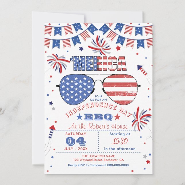 Invitation 4 juillet BBQ rouge blanc et bleu patriotique (Devant)