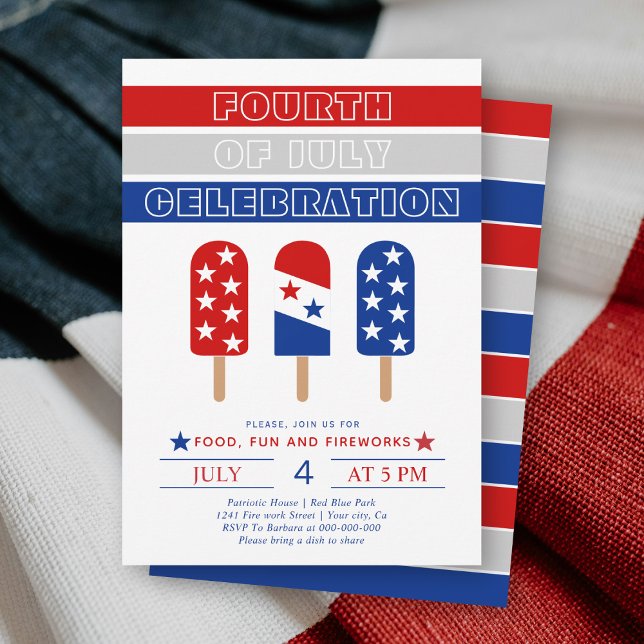 Invitation 4 juillet célébration bleu, rouge, blanc glace pop (Créateur téléchargé)