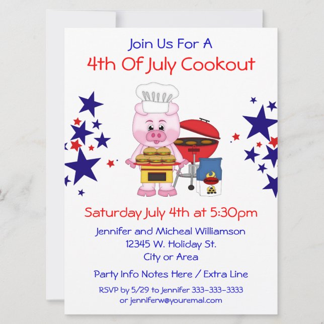 Invitation 4 juillet Cookout Funny Pig Hamburgers and Stars (Devant)