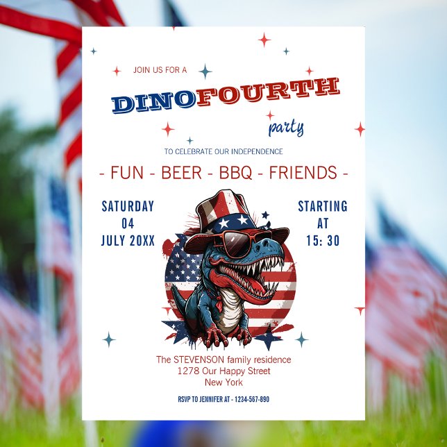 Invitation 4 juillet Dinosaur heureux avec casquette et lunet (Créateur téléchargé)