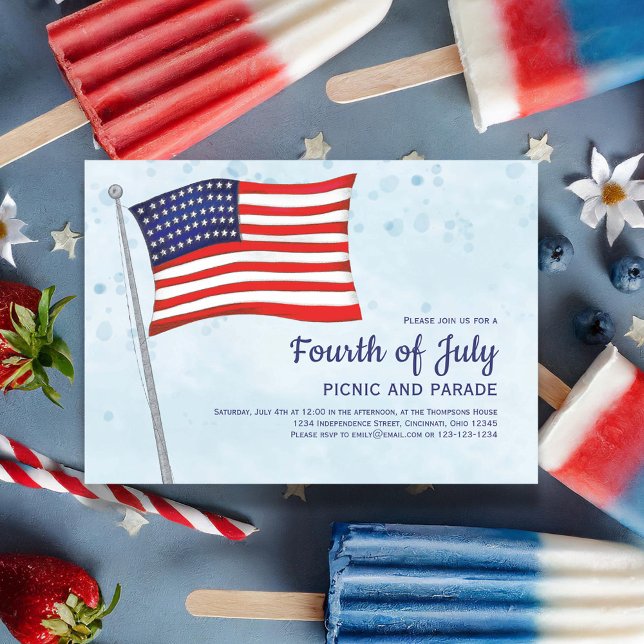 Invitation 4 juillet Drapeau rouge blanc et bleu (Celebrate the Fourth of July in Style with this watercolor custom invitation. )