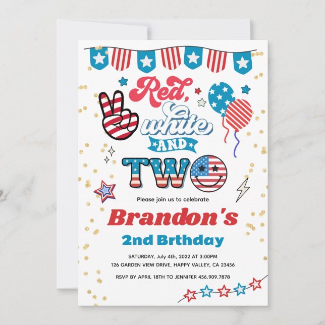 Invitation 4 juillet Enfant 2e anniversaire fête Sourire visa (Devant)
