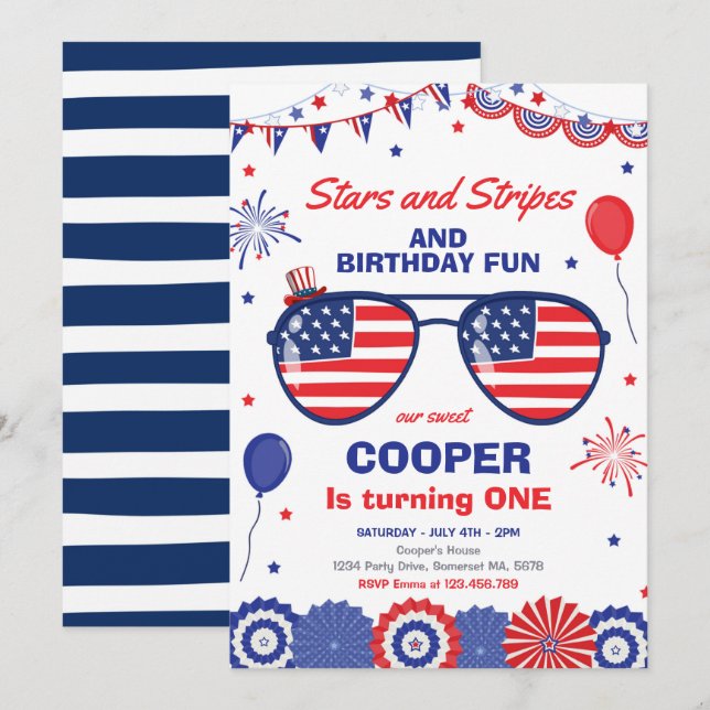 Invitation 4 juillet Étoiles Et Rayures 1er Anniversaire (Devant / Derrière)