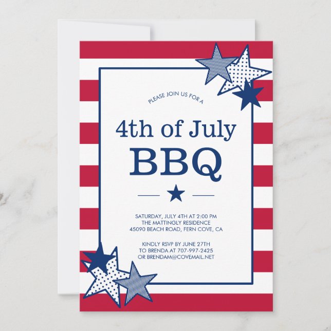 Invitation 4 juillet Étoiles et rayures Moderne Patriotique b (Devant)
