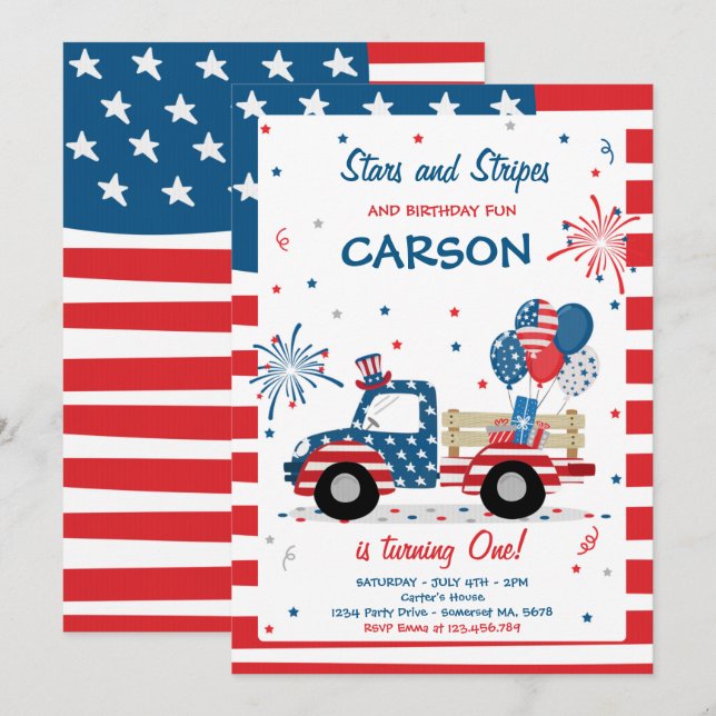 Invitation 4 juillet Étoiles Frappes Et Anniversaire Amusants (Devant / Derrière)