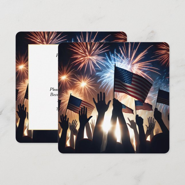 Invitation 4 juillet Fête Avec Drapeaux Et Feux D'Oeuvre (Devant / Derrière)