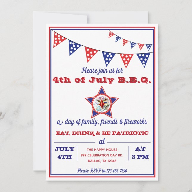 Invitation 4 juillet Fête Eagle, Rouge, Blanc & BBQ Bleu (Devant)
