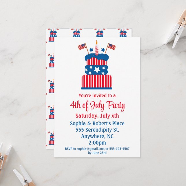 Invitation 4 juillet Fête Gâteau rouge blanc et bleu (Devant/Arrière en situation)