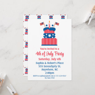 Invitation 4 juillet Fête Gâteau rouge blanc et bleu