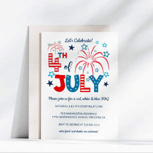 Invitation 4 juillet Feu d'artifice, Étoiles & Grilles
