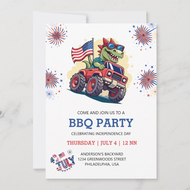 Invitation 4 juillet Feu d'artifice T-Rex America Flag BBQ Pa (Devant)