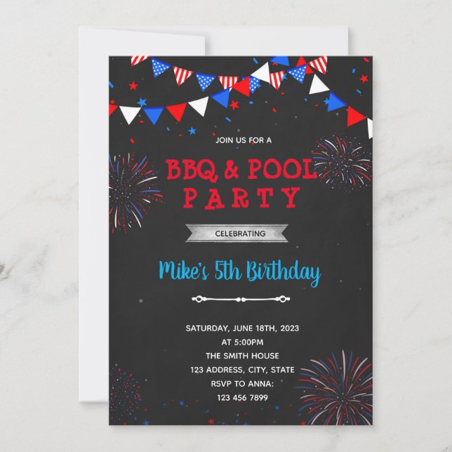 Invitation 4 juillet feu d'artifice un anniversaire (Devant)