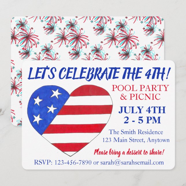 Invitation 4 juillet Flag Heart Fireworks Patriotique USA Par (Devant / Derrière)