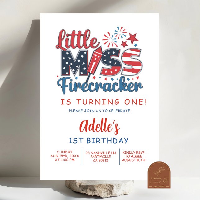 Invitation 4 juillet Little Miss Firecracker premier annivers (Créateur téléchargé)