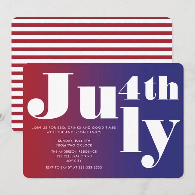 Invitation 4 juillet moderne Festive Rouge Bleu Dégradé (Devant / Derrière)