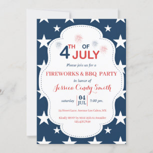 Invitation 4 juillet moderne Fireworks Stars Barbecue