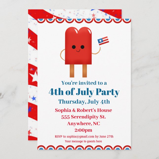 Invitation 4 juillet Parti Cute Patriotic Popsicle (Devant / Derrière)