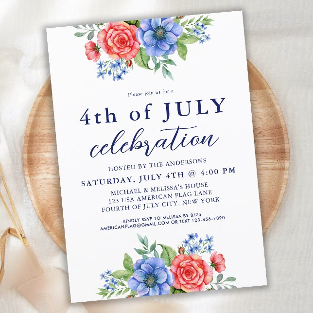 Invitation 4 juillet Parti patriotique Floral Rouge Bleu Blan (Créateur téléchargé)