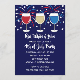 Invitation 4 juillet partie blanche et bleue de vin rouge