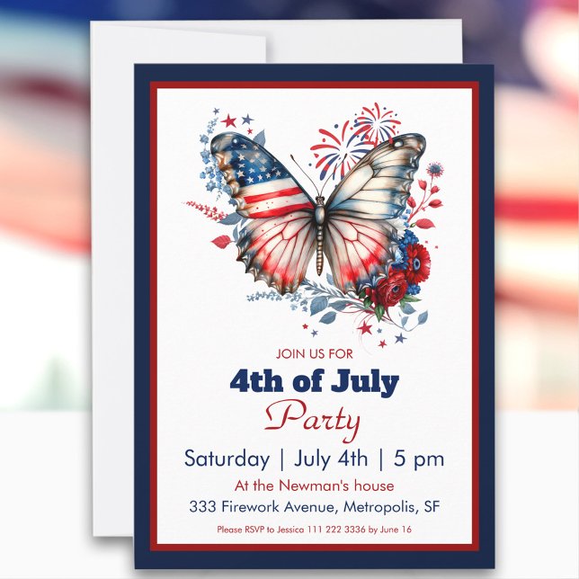 Invitation 4 juillet Patriotic Butterfly & Fireworks Party (4th of July Patriotic Butterfly & Fireworks Party Invitation)