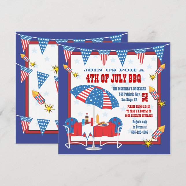 Invitation 4 juillet Patriotique Patriotique BBQ Party Invita (Devant / Derrière)