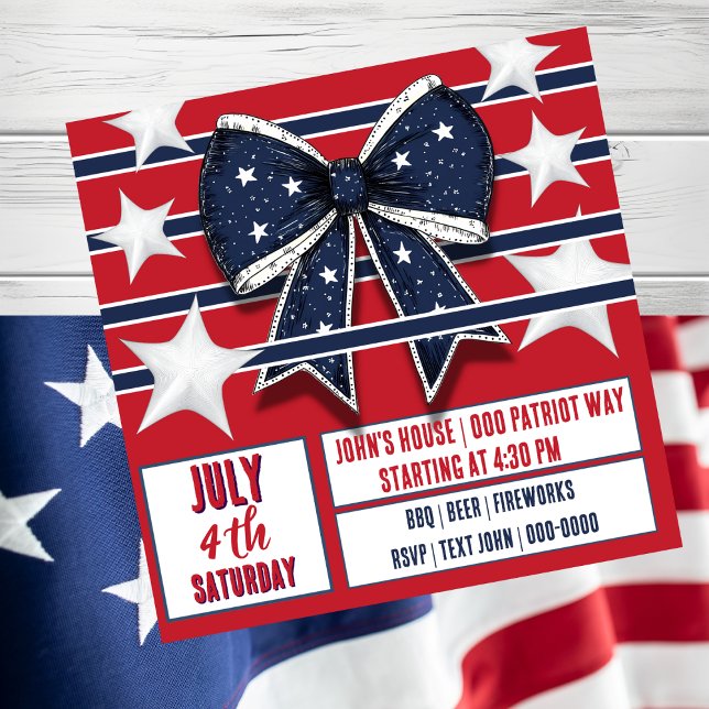 Invitation 4 juillet Patriotique Rouge Bleu Bleu (Happy Fourth of July party invitation with coquette bow and stars and stripes. )