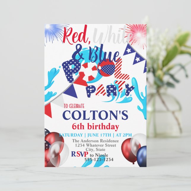 Invitation 4 Juillet Piscine Anniversaire fête Personnalisé (Debout devant)