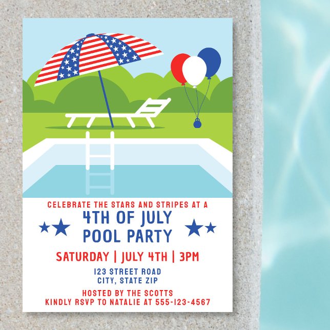 Invitation 4 juillet Piscine Fête Étoiles Et Grilles Modernes (Poolside backdrop.)