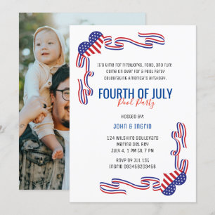 Invitation 4 juillet Pool Party Rouge, Bleu et Blanc Invi