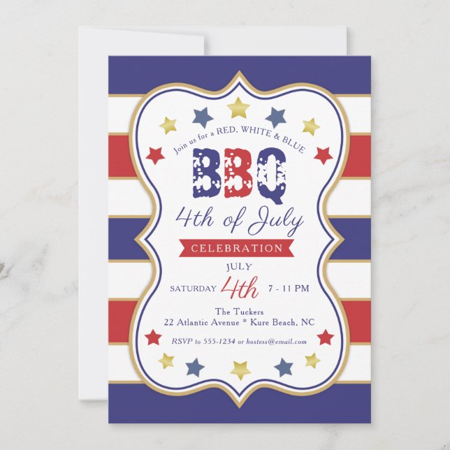 Invitation 4 juillet Red Blue Gold Stars Stripes BBQ Party (Devant)