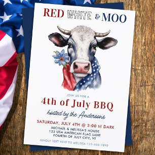Invitation 4 juillet Red White Moo Patriotique Farm Cow Party