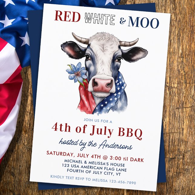 Invitation 4 juillet Red White Moo Patriotique Farm Cow Party (Créateur téléchargé)